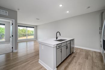 A kitchen with a sink and cabinets in a room with a sliding glass door at Ironwood Flats Apartments, Brandon, FL